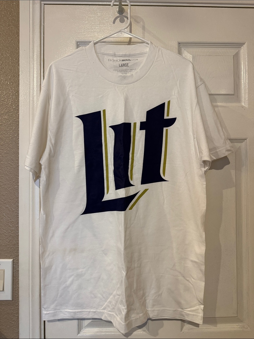Fashion Nova Men’s White Short Sleeve Tee with Navy and Olive Graphic